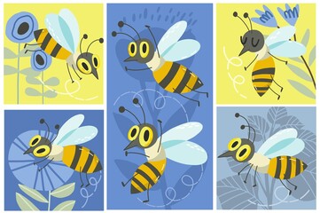 Fototapeta na wymiar Vector Hand Drawn Cute Set of Adorable Bees. Fun illustrations in trendy style and color palette. 
