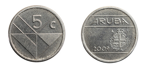 Aruba five cents coin on white isolated background