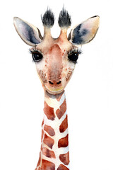 Watercolor illustration of a baby giraffe's portrait on the white background