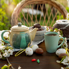 Still life Easter brunch in the garden outdoors