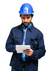 Construction specialist using a tablet computer isolated on white