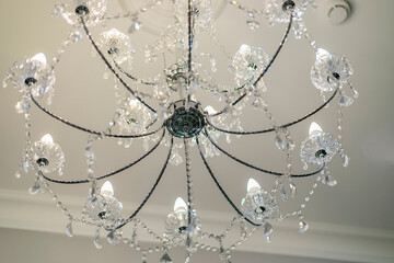 Luxurious crystal chandelier, candle-shaped lamps.