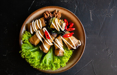 eggplant rolls with walnuts and pomegranate ready to eat