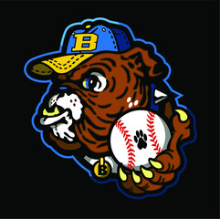 bulldog baseball mascot holding ball in paw for school, college or league