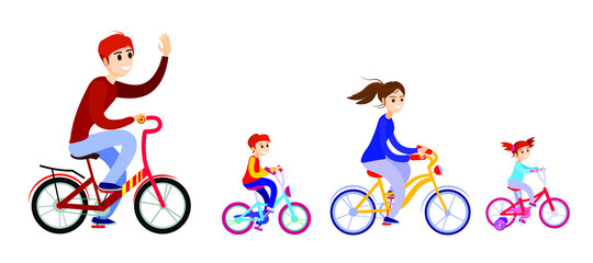 Family on bicycles. Man, woman, girl and boy on bicycles. Vector flat illustration.