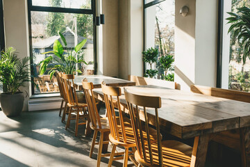 Empty wooden tables and chairs. Rustic interior.