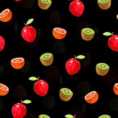 Fruit on a black background. Seamless pattern. Fruit print for printing on fabric, wallpaper, curtains, paper.