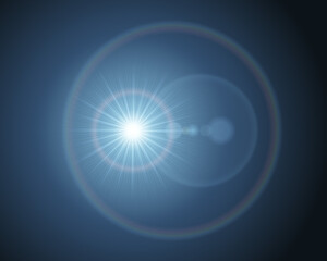 Flash star blue flare in camera lens vector illustration. Bright abstract light explosion with rays of prominences diverging sides.