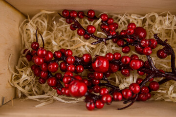 sprigs of dry red berries in a wooden box decor