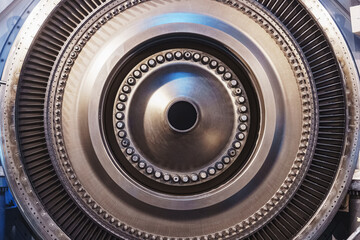 Turbine generator rotor with blades and discs, interior view.