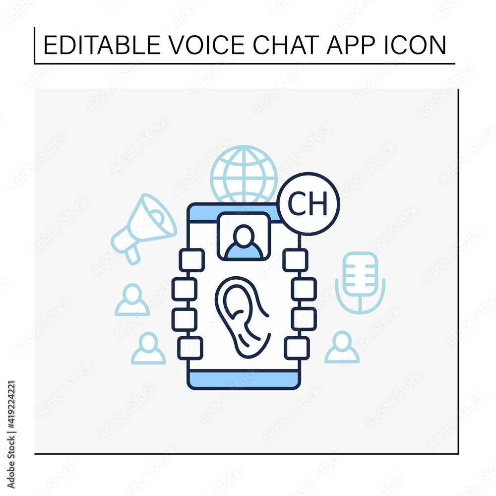 Poster listeners line icon. listening lecture. hearing voice messages. abstract communication room with fri