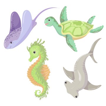 Set of Marine Animals. Electric stingray, sea turtle, hammerhead shark and seahorse. Freehand coloring book. Vector illustration isolated on white background