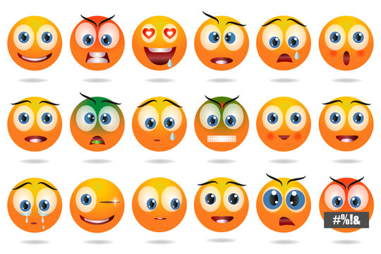 Emoji set. Emoji sticker pack. Human emotions: happy, angry, enamored, surprised, sad, embarrassed, sick, irritated. Funny faces. Yellow round character.