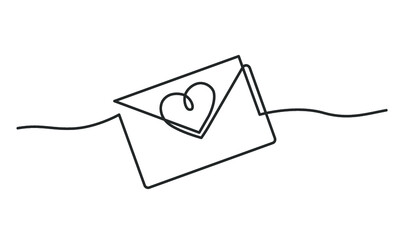 Continuous line drawing of envelope with heart. Valentine's day. Template for love cards and invitations. Isolated on white background. Vector illustration.