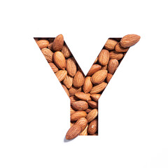 Letter Y of English alphabet made of almonds and paper cut isolated on white. Typeface from nuts