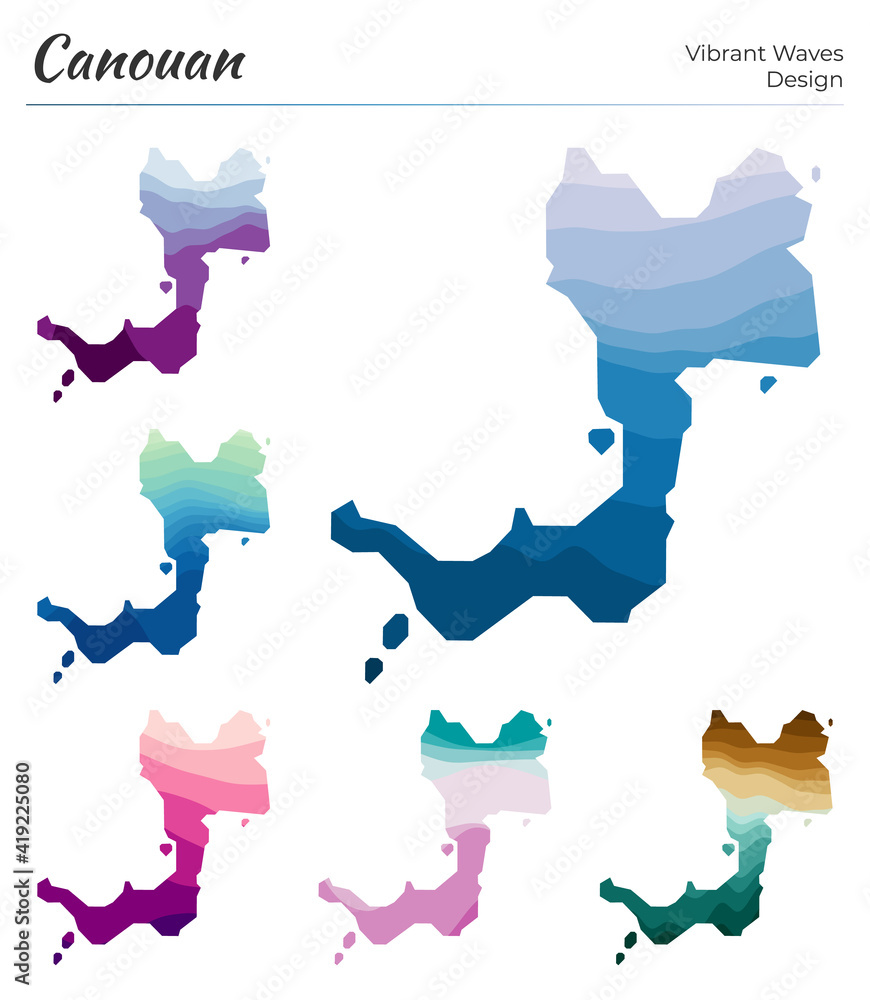 Poster set of vector maps of canouan. vibrant waves design. bright map of island in geometric smooth curves
