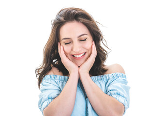 Fototapeta premium Close-up lovely woman, isolated on white background. Cute girl keeps hands on cheeks