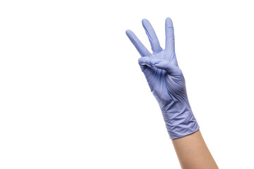 Obraz premium Gesture number three hand with latex glove on white isolated background.