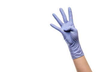 Gesture number four hand with latex glove on white isolated background.