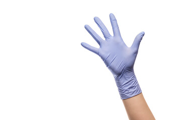 Gesture number five hand with latex glove on white isolated background.