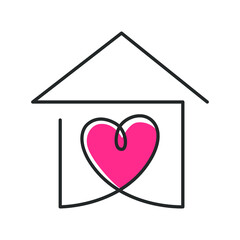 Continuous one line drawing of red heart inside house, meaning care and love in family.  Vector illustration