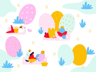 Happy family celebrate Easter, smiling and having fun at blooming meadow. Abstract flat vector illustration. Egg hunt. Easter concept. Cartoon men and women outdoor activities on a park. 