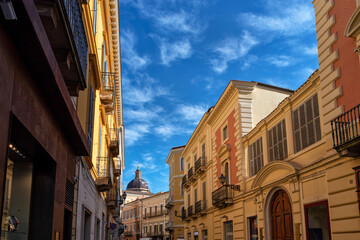 Obraz premium Chieti, Abruzzo, Italy, Europe, buildings in Corso Marrucino in the background dome of the church of San Francesco Al Corso, city center