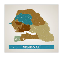 Senegal map. Country poster with regions. Old grunge texture. Shape of Senegal with country name. Charming vector illustration.