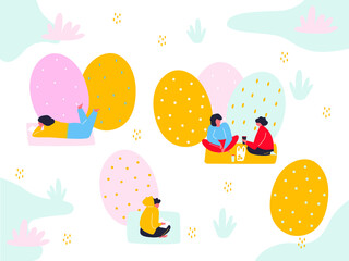 Happy family celebrate Easter, smiling and having fun at blooming meadow. Vector abstract illustration. Egg hunt. Easter concept. Cartoon men and women outdoor activities on a park. 
