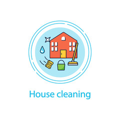 Fototapeta premium House cleaning concept line icon. Householding things. Bucket and broom inside house. Floor cleaning. Cleaning concept.Vector isolated conception metaphor illustration