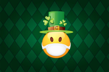 Vector Emoji sticker with mouth medical protection mask and saint Patricks green hat isolated on green horizontal background. Yellow st. Patricks smile face character with hat and white surgeon mask.