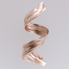 Gold twisted piece of textile, Curl in spiral flying cloth fabric isolated 3d rendering