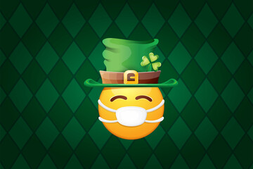 Vector Emoji sticker with mouth medical protection mask and saint Patricks green hat isolated on green horizontal background. Yellow st. Patricks smile face character with hat and white surgeon mask.