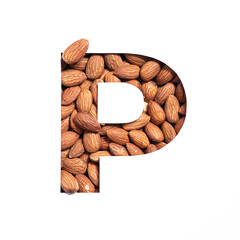 Nuts alphabet. Letter P made of almonds and paper cut isolated on white. Typeface and healthy food