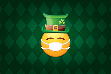 Vector Emoji sticker with mouth medical protection mask and saint Patricks green hat isolated on green horizontal background. Yellow st. Patricks smile face character with hat and white surgeon mask.