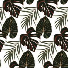 Abstract seamless floral pattern. Aesthetic minimalistic background for cover design, interiors, internet, social networks. Trendy bright illustration with tropical leaves, plants.