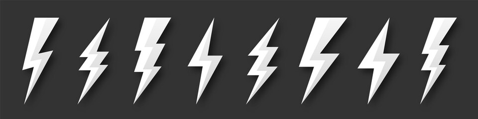 Lightning bolt icons collection. Flash symbol, thunderbolt. Simple lightning strike sign. Vector illustration.
