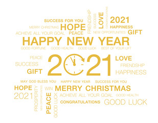 Greeting words around New Year date 2021 color in gold. Happy New Year 2021 colorful negative space numbers word cloud text .