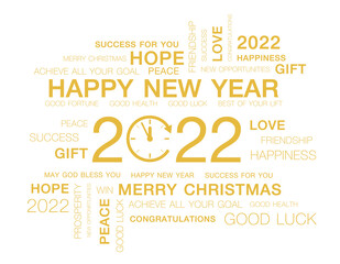 Greeting words around New Year date 2022 color in gold. Happy New Year 2022 colorful negative space numbers word cloud text .