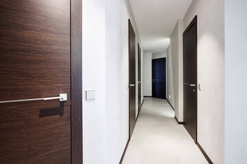 Corridor in the hallway with doors finished with dark veneer