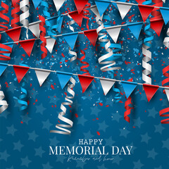 Happy Memorial Day. USA national holiday celebration. Blue and red bunting and confetti. Vector illustration.