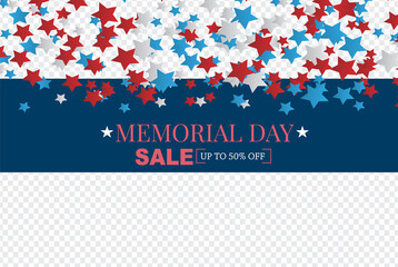 Memorial Day sale banner. Overlay design. Blue, red, and white stars. Vector illustration.