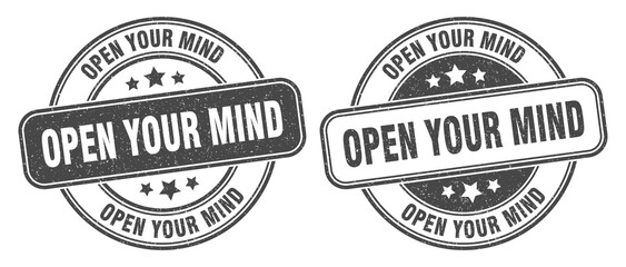 open your mind stamp. open your mind label. round grunge sign