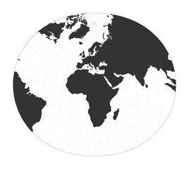 Map of The World. Modified stereographic projection for Europe and Africa. Globe with latitude and longitude net. World map on meridians and parallels background. Vector illustration.
