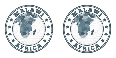 Malawi round logos. Circular badges of country with map of Malawi in world context. Plain and textured country stamps. Vector illustration.