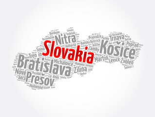 Obraz na płótnie Canvas List of cities and towns in Slovakia, map word cloud collage, business and travel concept background