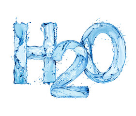 Fototapeta na wymiar Chemical formula of water H2O made of water splashes, isolated on white background