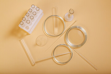 Laboratory glassware for bio science, organic skin care products, cosmetic research. Clean empty...