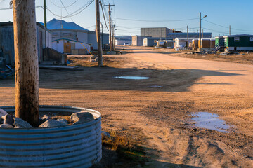Golden hour in Inuit community of Qikiqtarjuaq, Broughton Island, Nunavut, Canada. Settlement in...