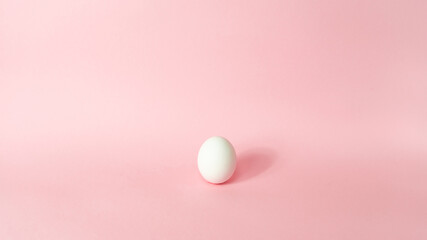 Fototapeta na wymiar One white chicken egg isolated on light pink pastel background. Happy Easter Day